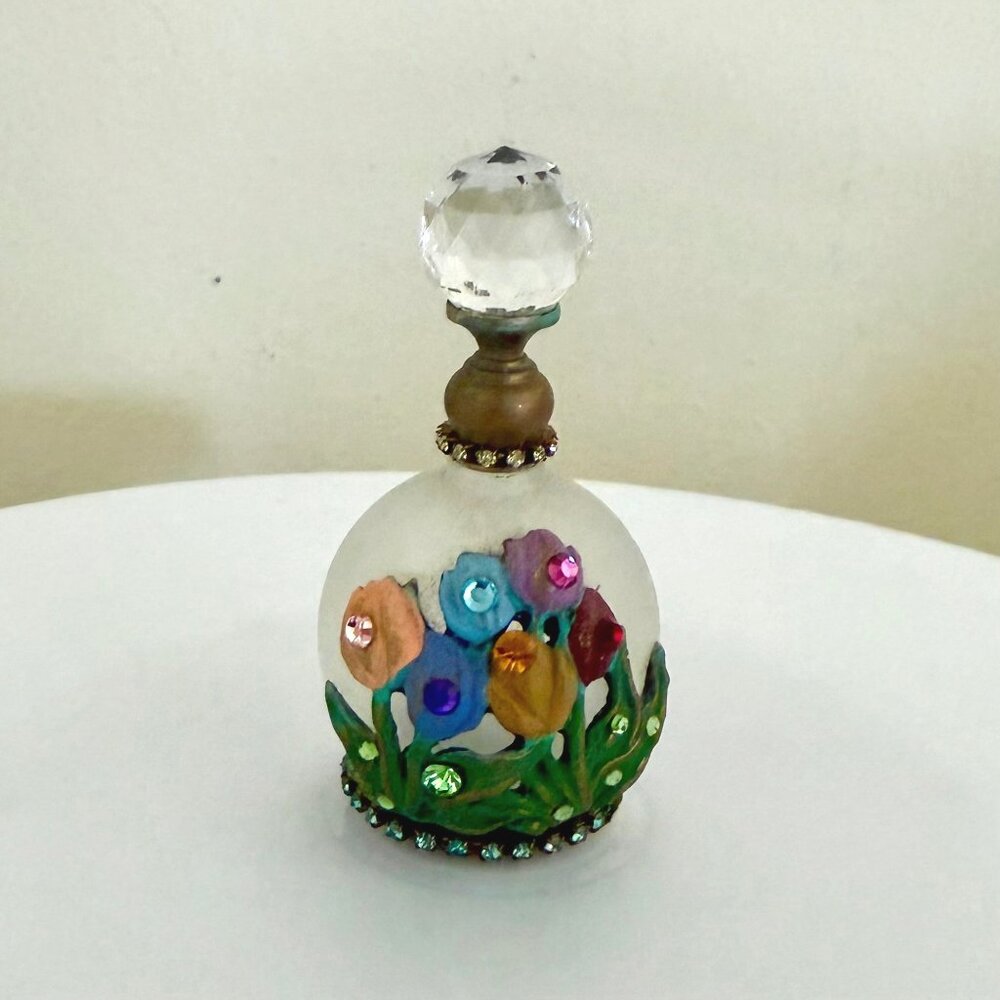 Belladonna Handmade Frosted Glass Floral Decor Bottle Crystal Top 3 Inch Vintage